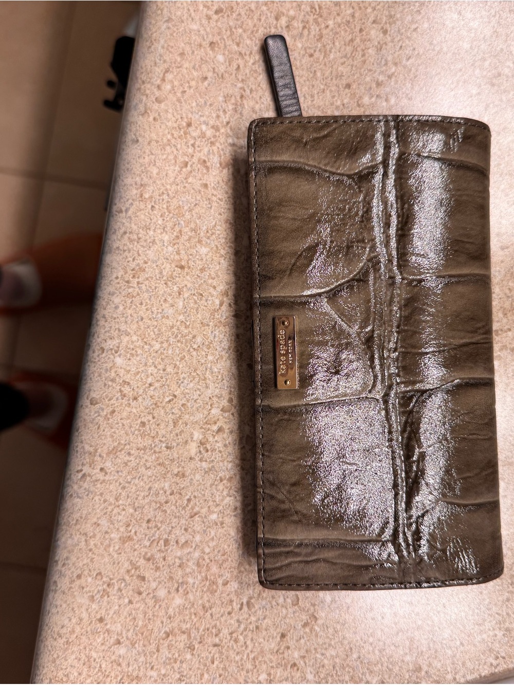 kate spade glossy croc-embossed long wallet in olive green